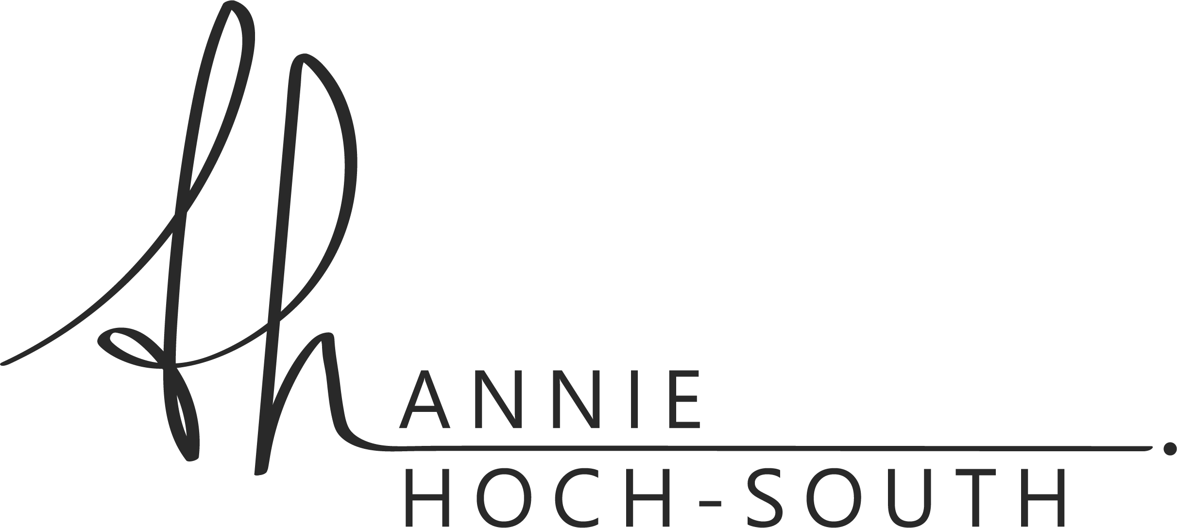 Annie Hoch-South black icon with cursive initials flowing to print font