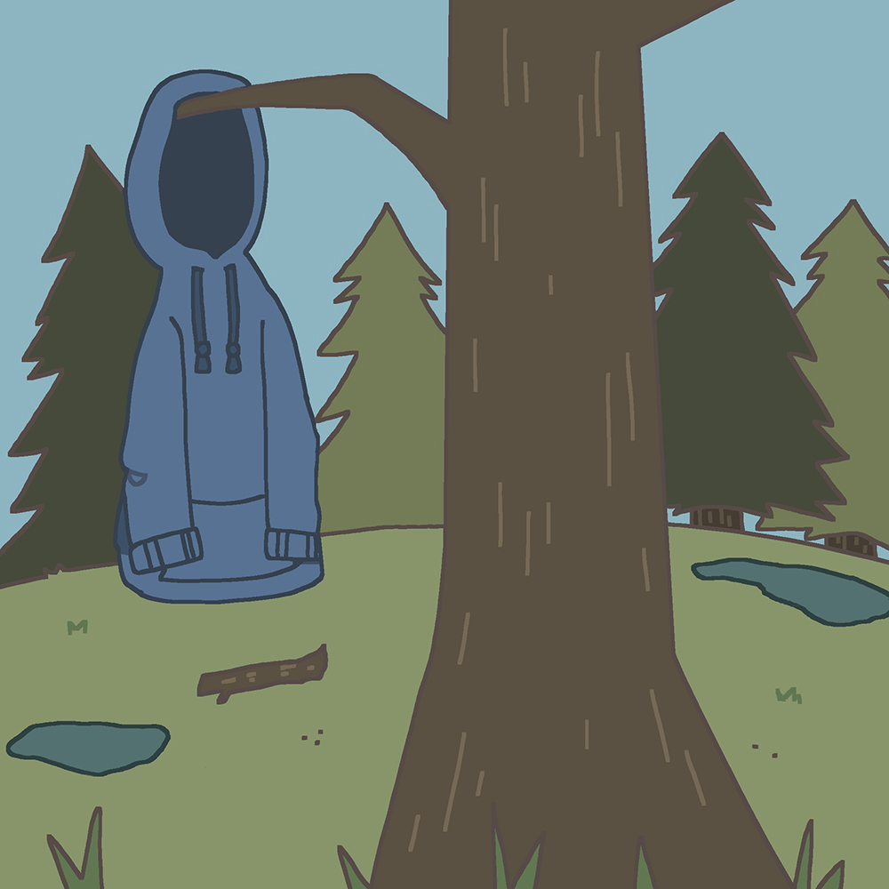 an image of Garretts blue hoodie hung over a tree branch