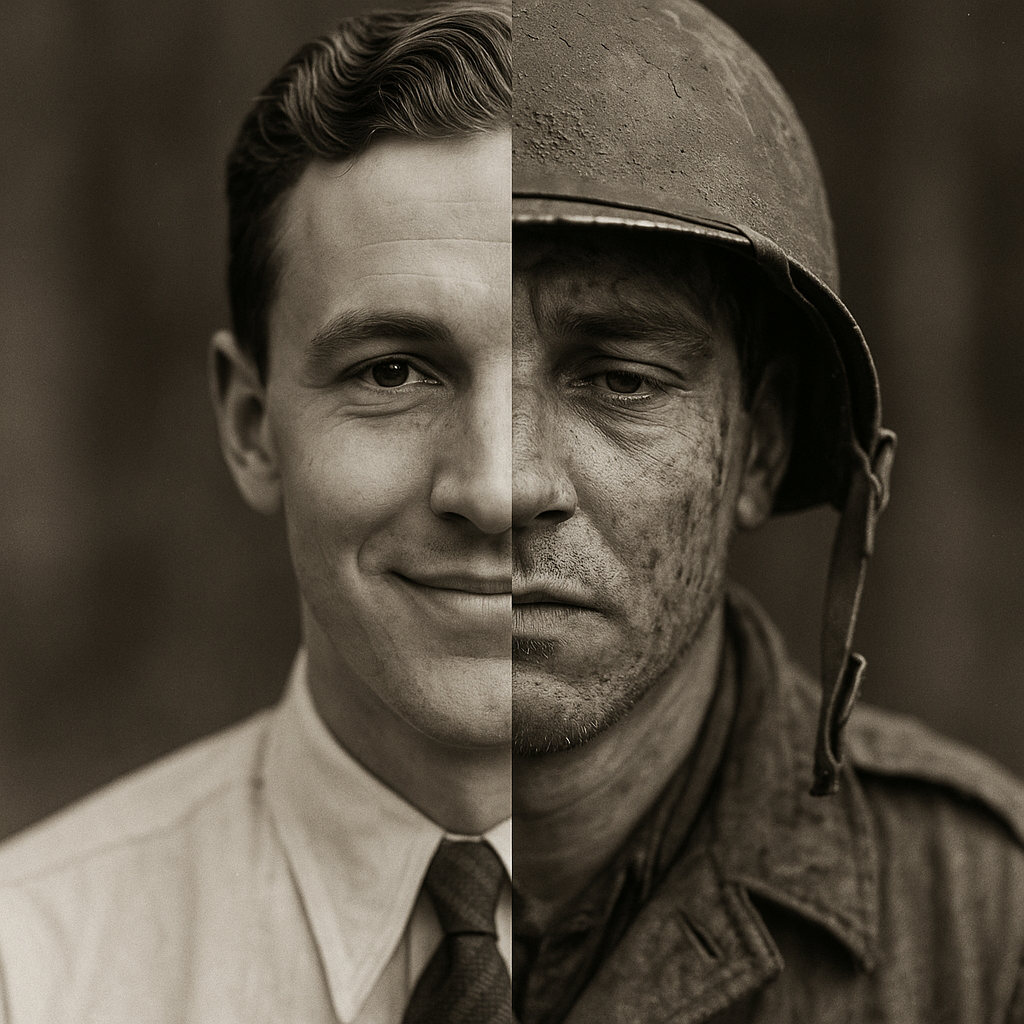 A split portrait of a young smiling man contrasted with a battle-worn soldier.