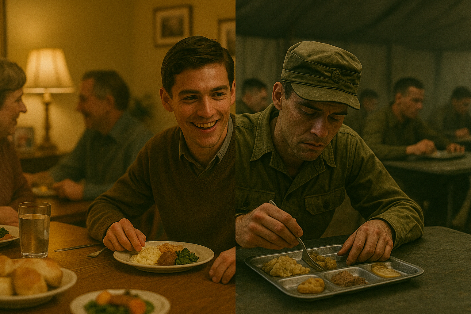 Family dinner contrasted with soldier eating rations.