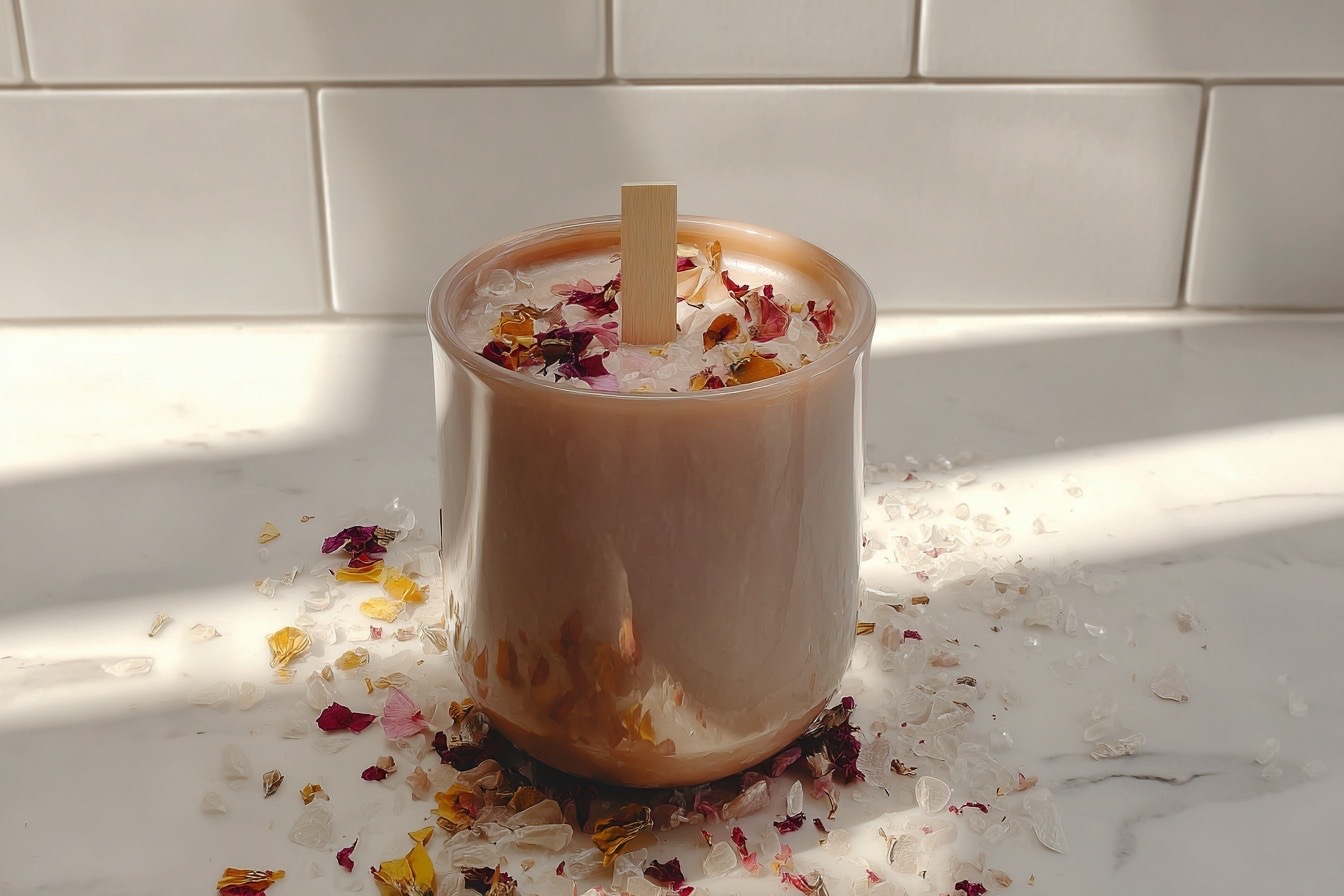 Candle on white tile countertop surrounded by reflective crystals and petals.