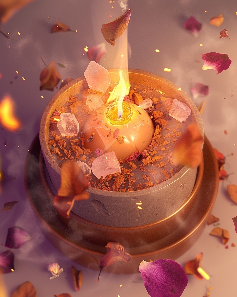 Warm glowing candle with magical flame and floating petals.